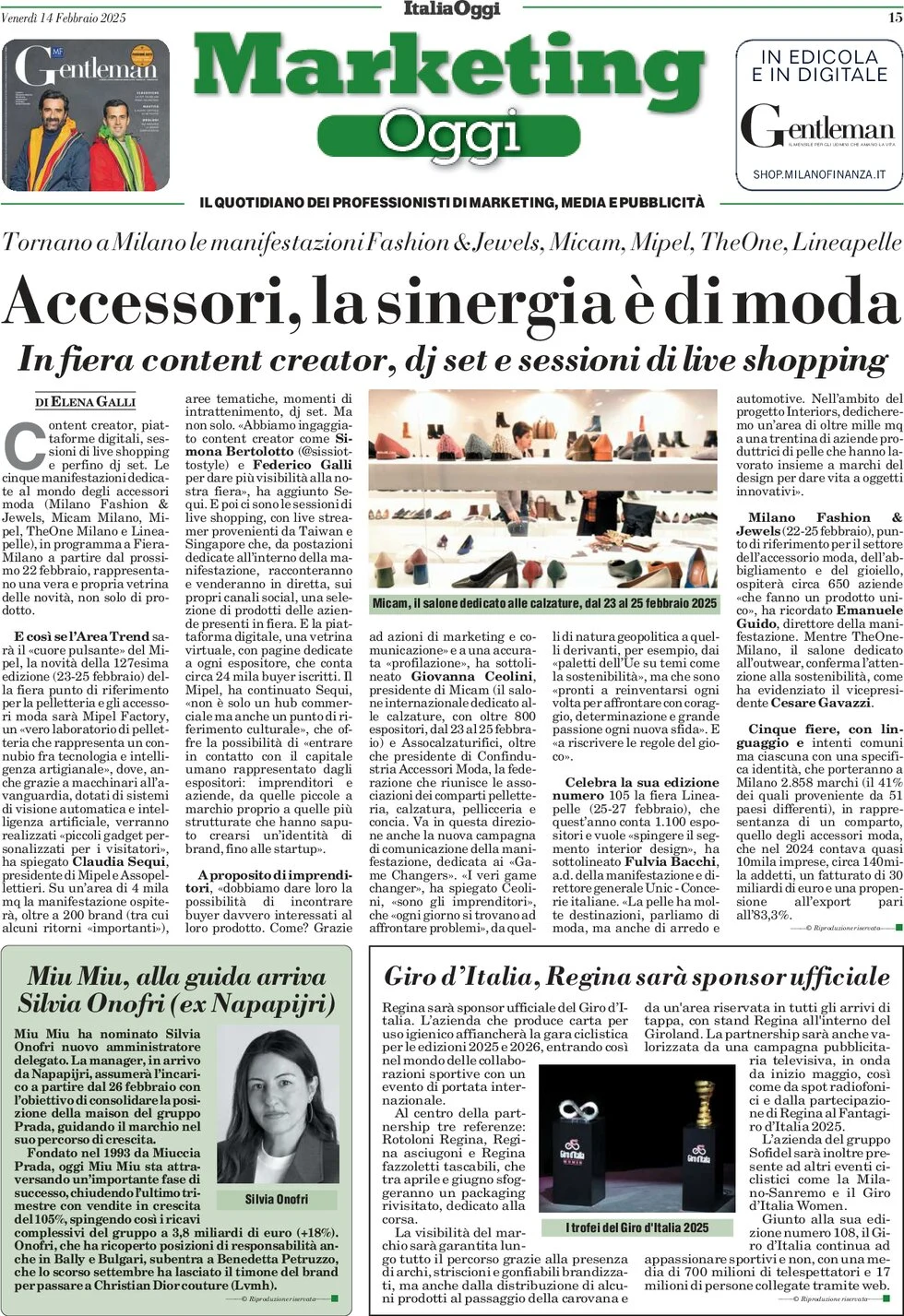anteprima della prima pagina di marketing-oggi del 14/02/2025