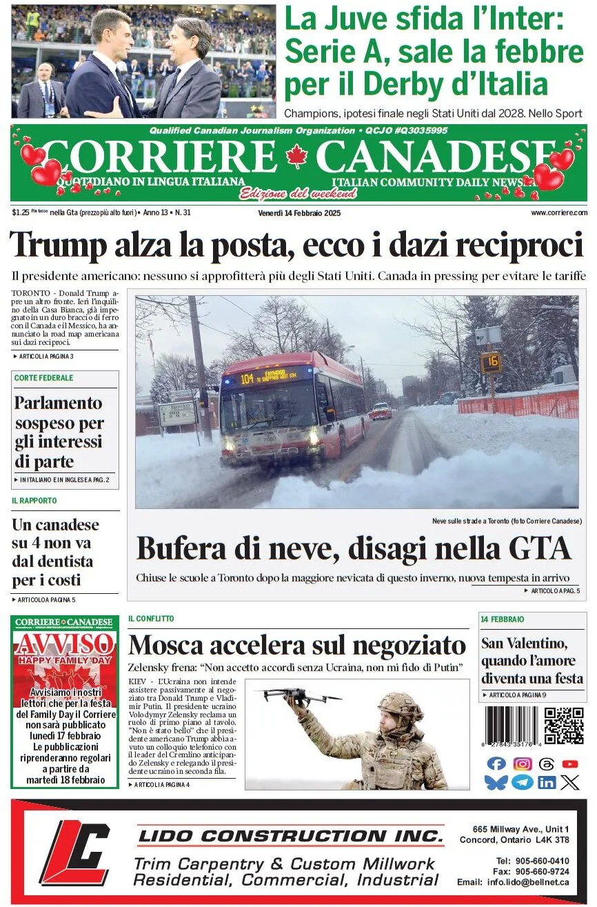anteprima della prima pagina di corriere-canadese del 14/02/2025