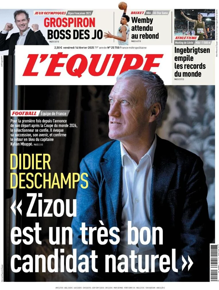 anteprima della prima pagina di lequipe del 14/02/2025