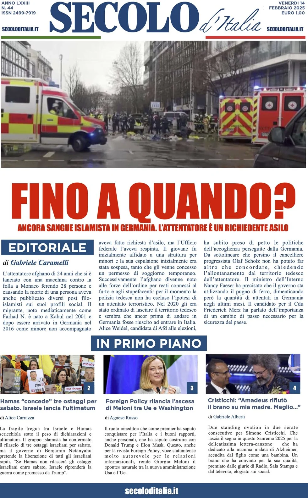 anteprima della prima pagina di secolo-ditalia del 14/02/2025