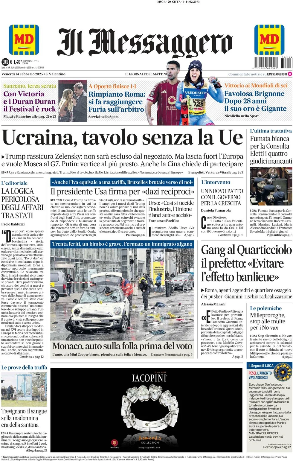 anteprima della prima pagina di il-messaggero del 14/02/2025