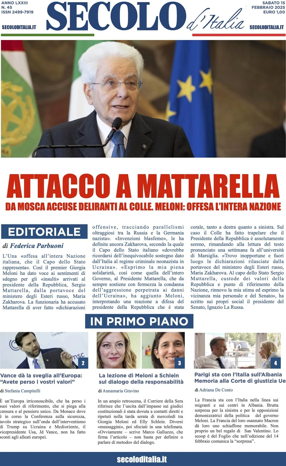 anteprima della prima pagina di secolo-ditalia del 15/02/2025