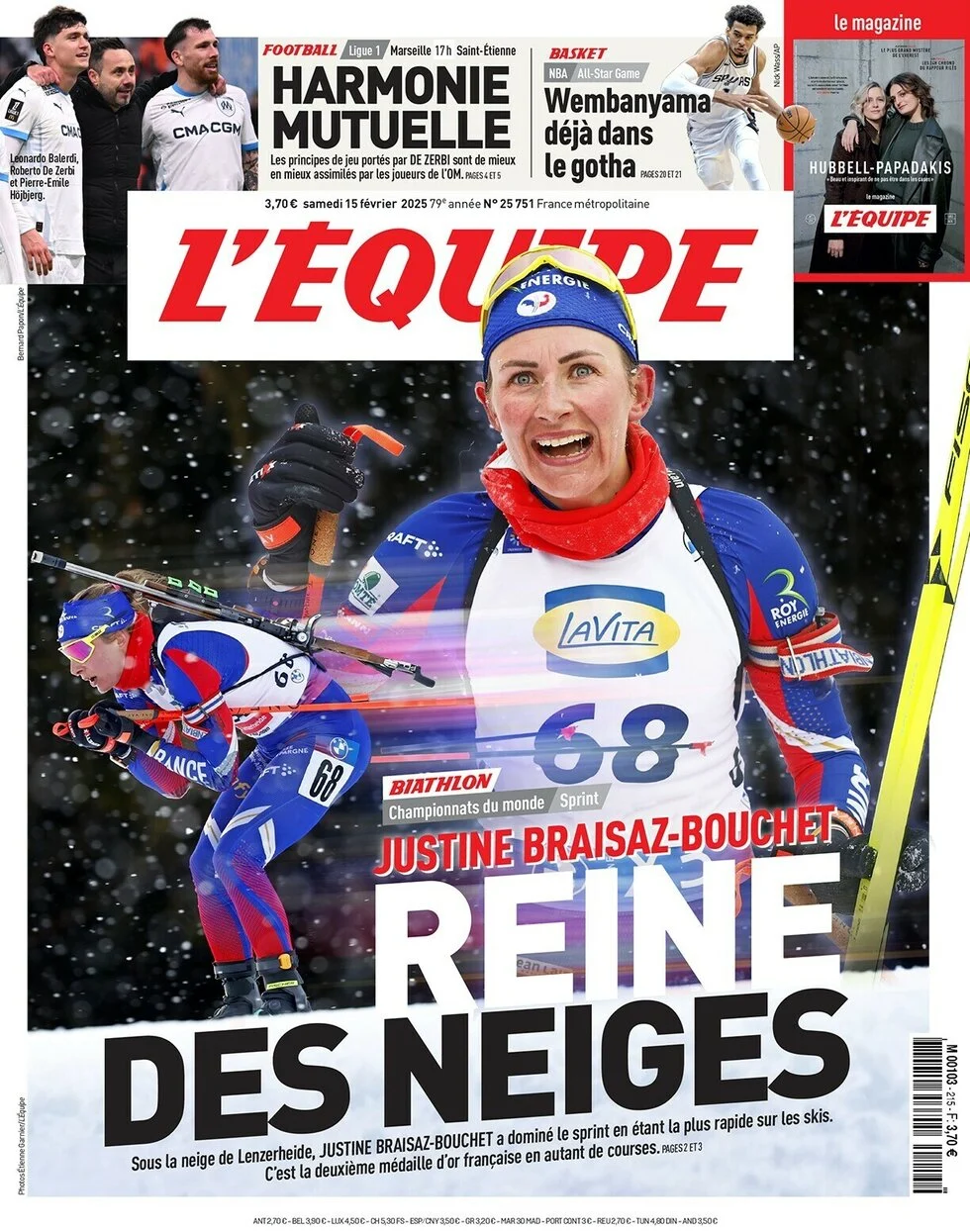 anteprima della prima pagina di lequipe del 15/02/2025