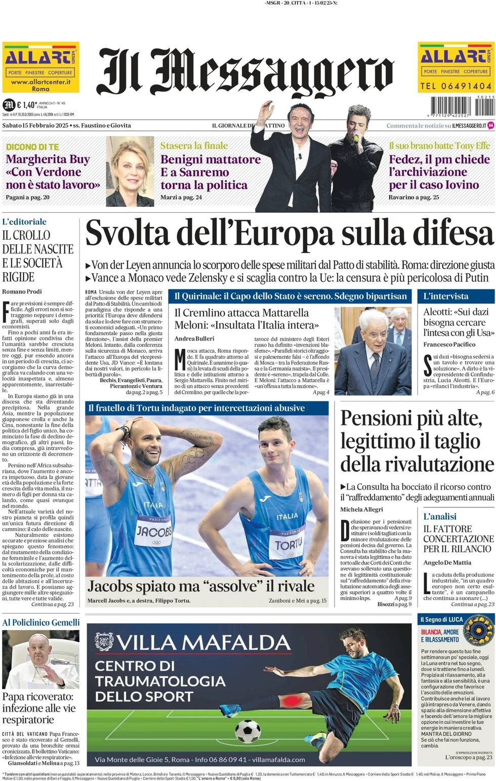 anteprima della prima pagina di il-messaggero del 15/02/2025