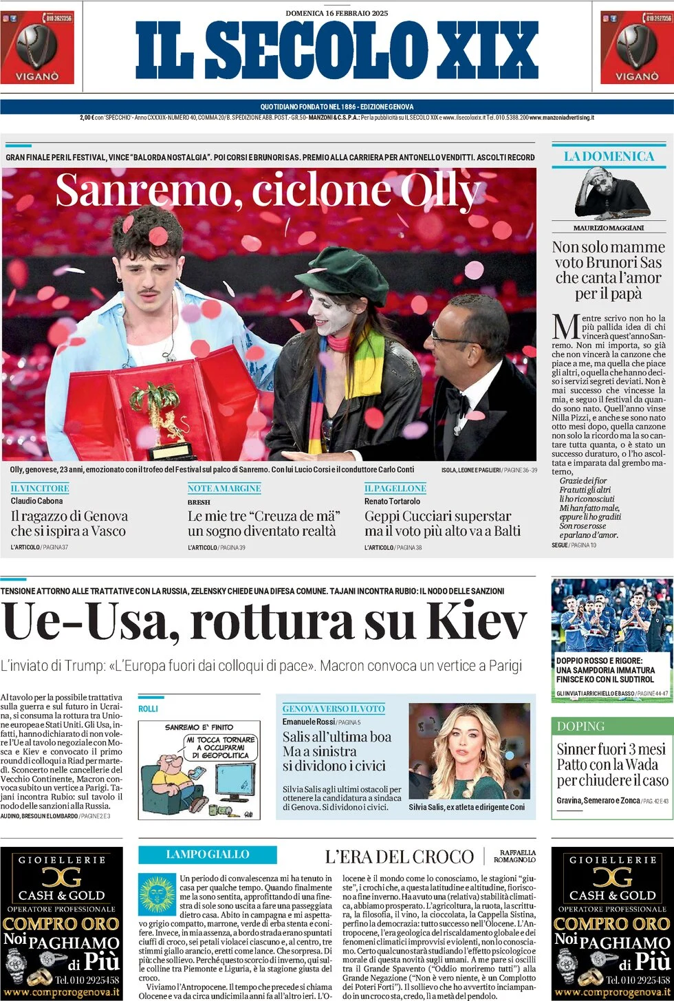 anteprima della prima pagina di il-secolo-xix del 16/02/2025