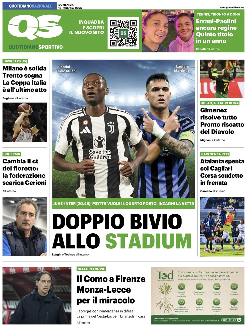anteprima della prima pagina di qs-quotidiano-sportivo del 16/02/2025