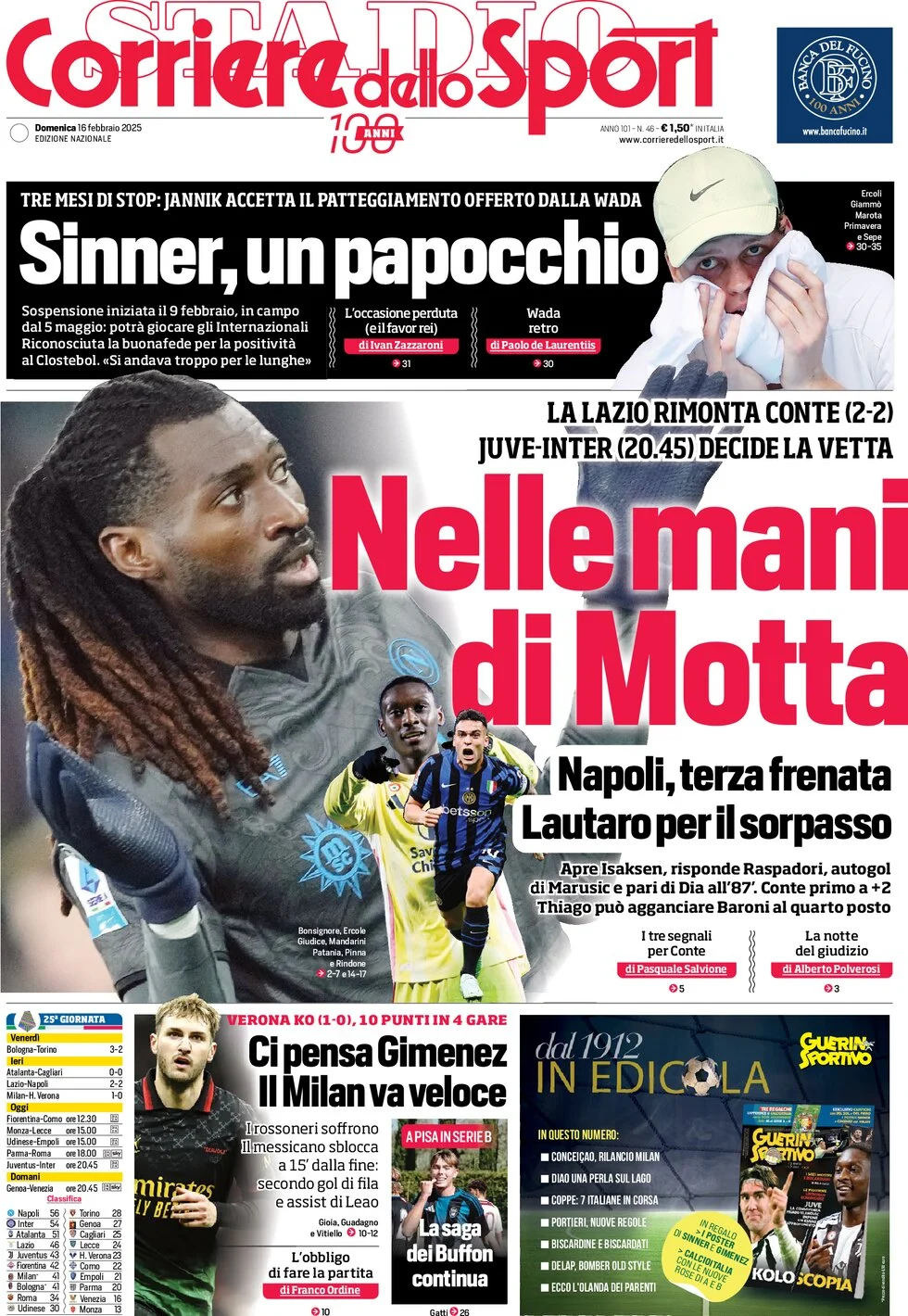 anteprima della prima pagina di corriere-dello-sport del 16/02/2025
