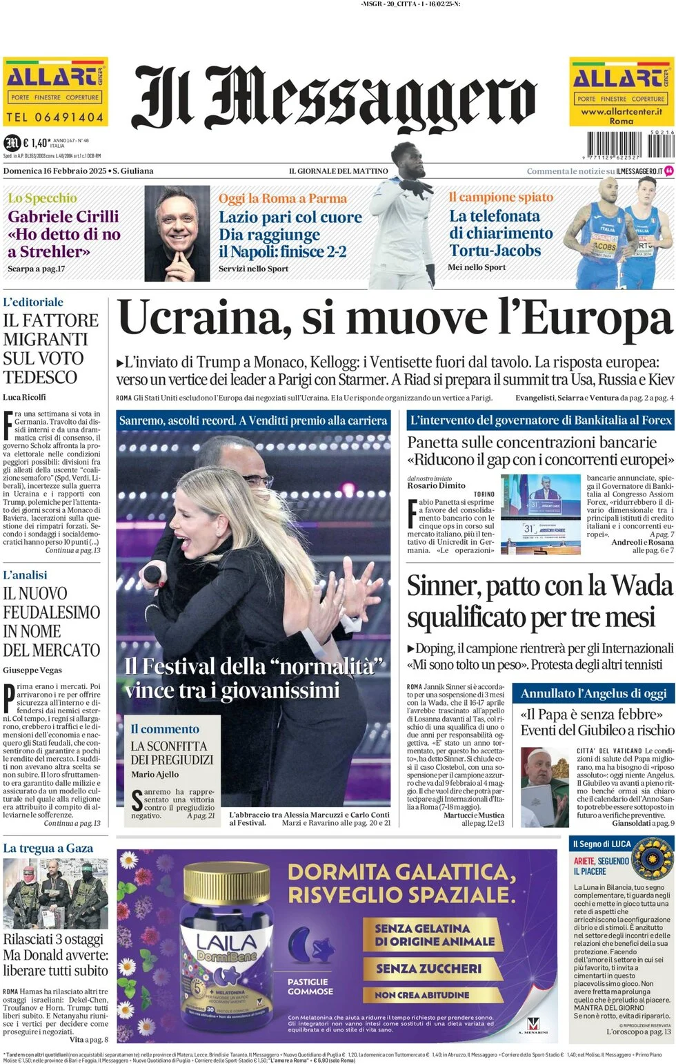 anteprima della prima pagina di il-messaggero del 16/02/2025