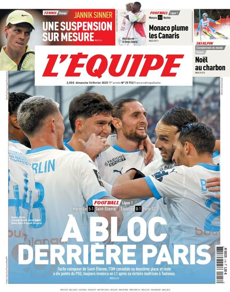 anteprima della prima pagina di lequipe del 16/02/2025