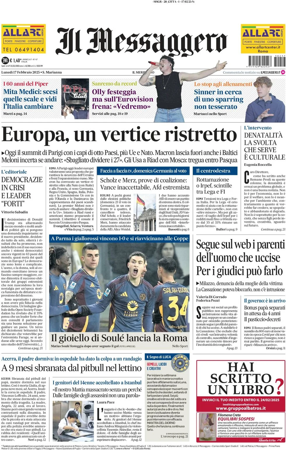anteprima della prima pagina di il-messaggero del 17/02/2025