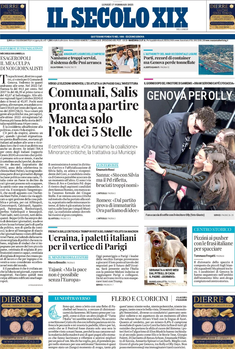 anteprima della prima pagina di il-secolo-xix del 17/02/2025