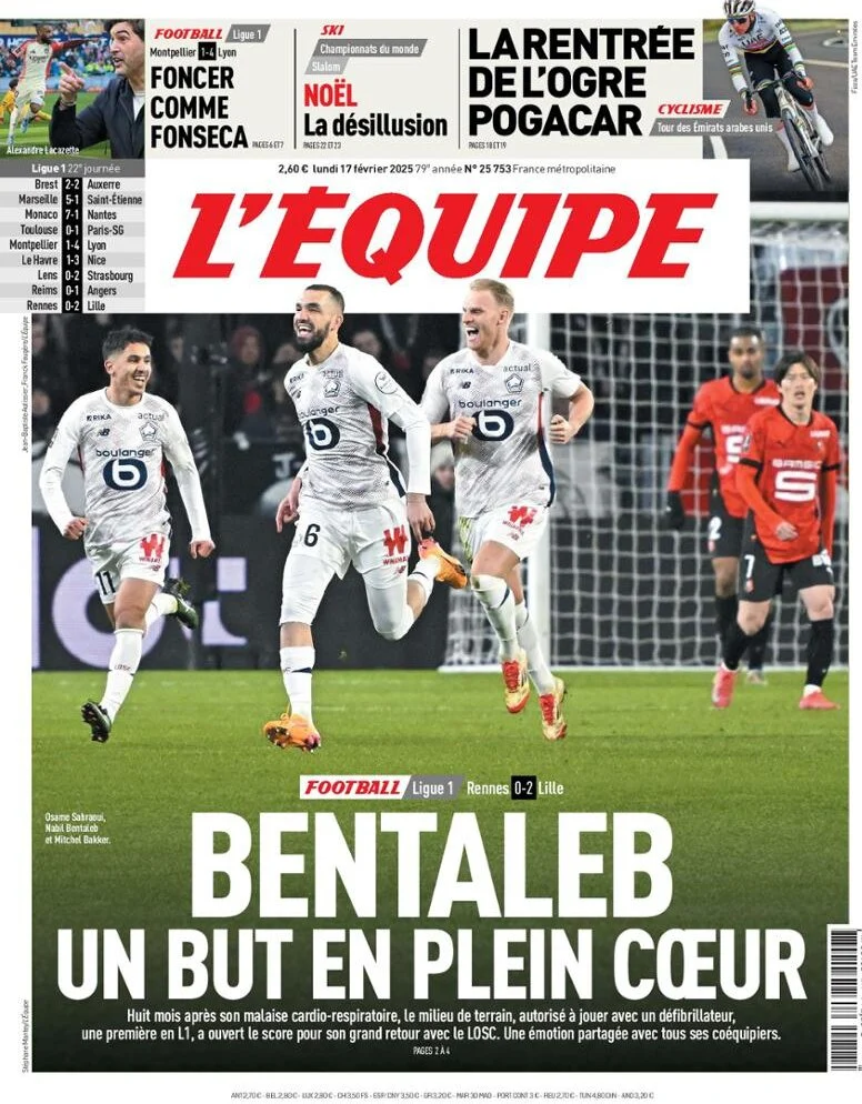 anteprima della prima pagina di lequipe del 17/02/2025