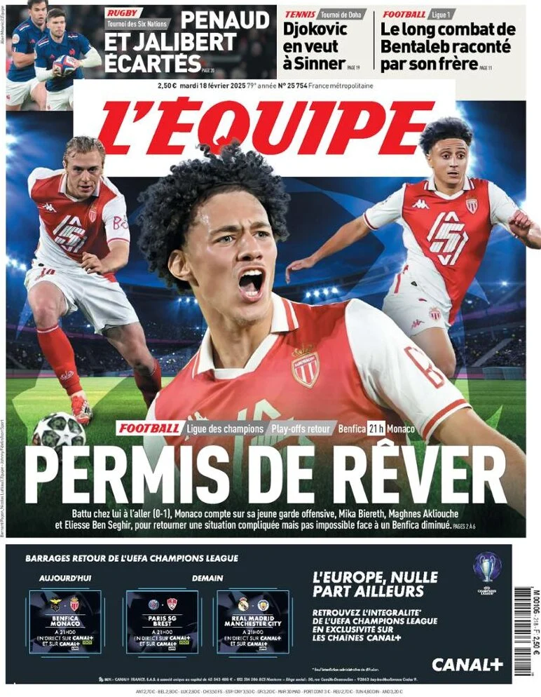 anteprima della prima pagina di lequipe del 18/02/2025
