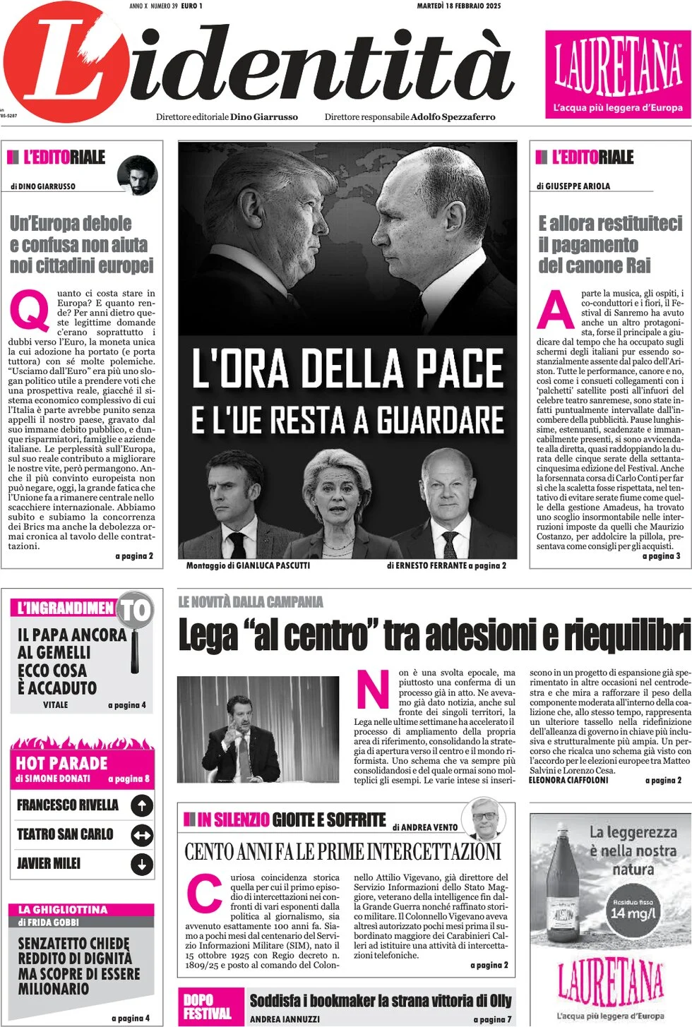 anteprima della prima pagina di lidentit del 18/02/2025