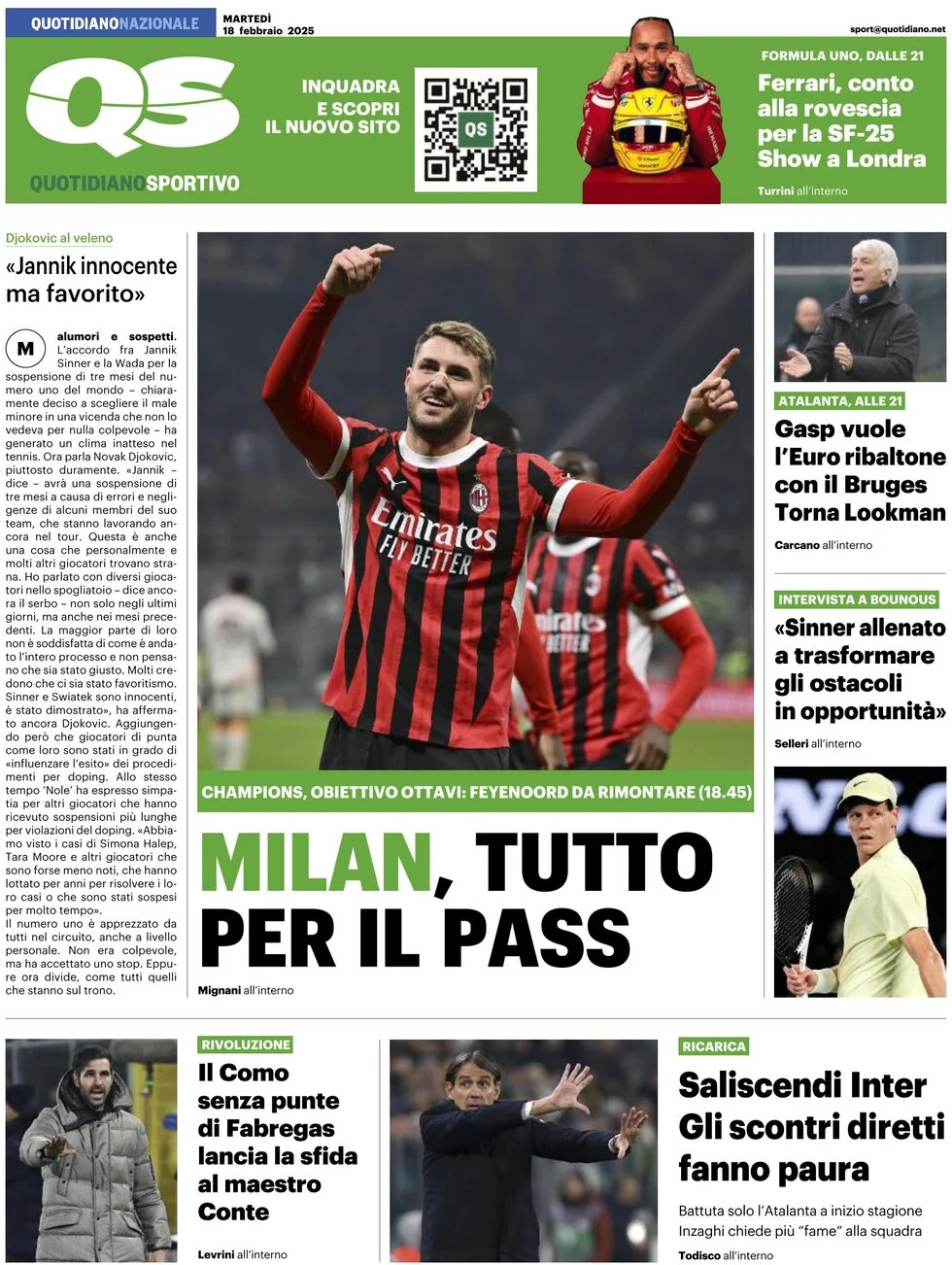 anteprima della prima pagina di qs-quotidiano-sportivo del 18/02/2025