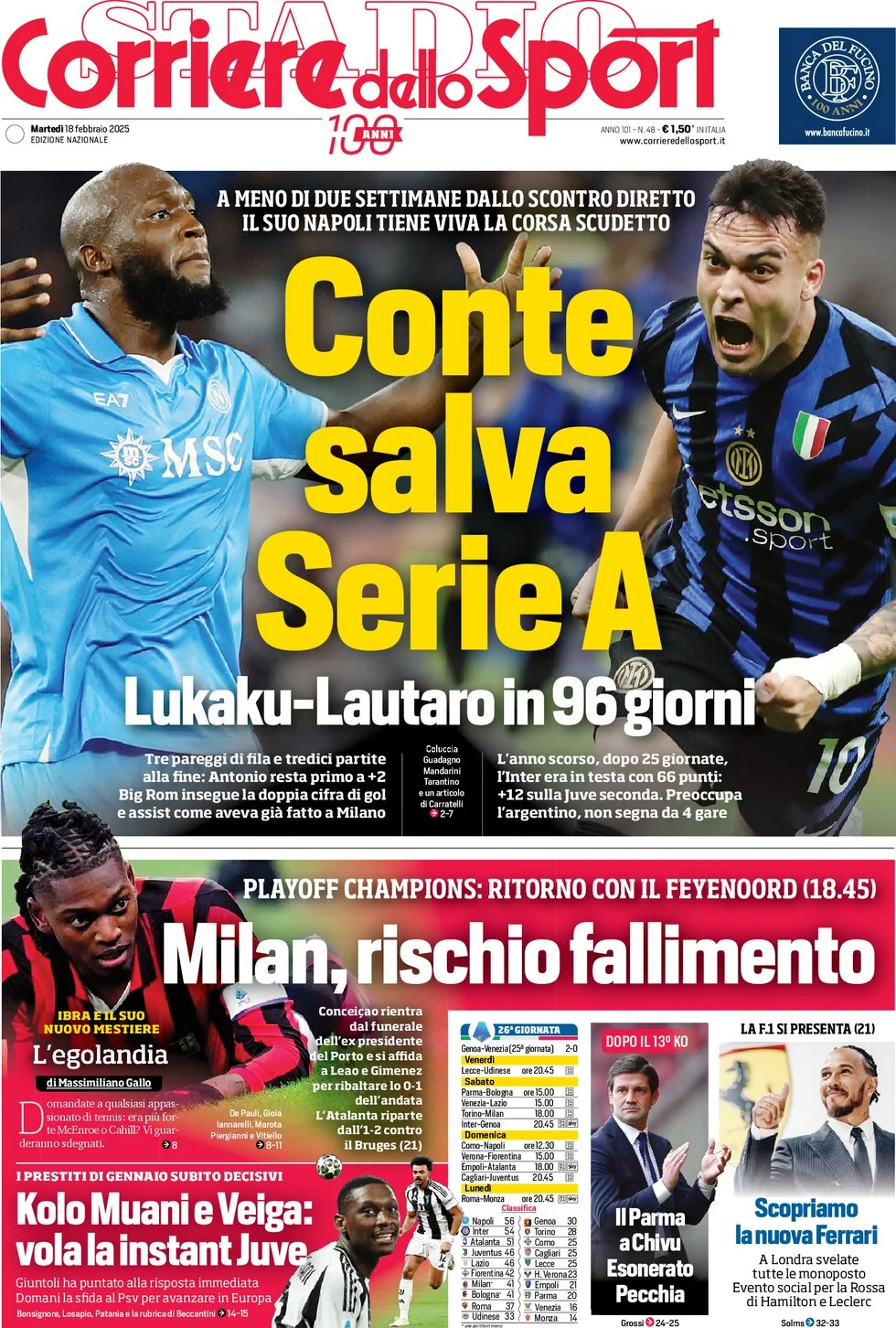 anteprima della prima pagina di corriere-dello-sport del 18/02/2025