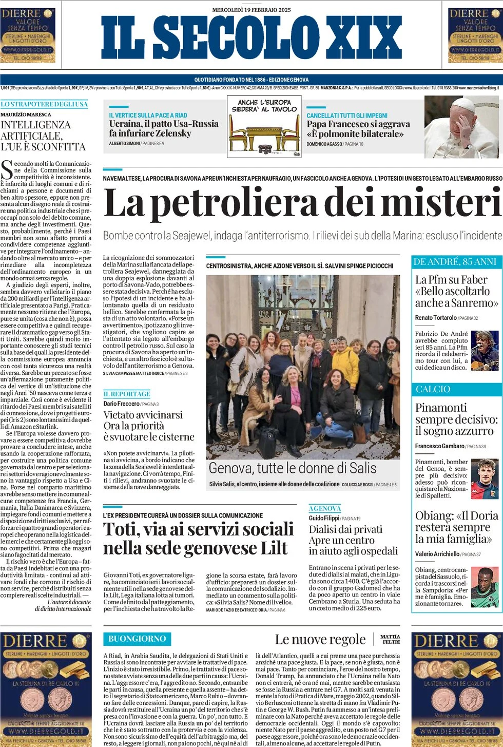 anteprima della prima pagina di il-secolo-xix del 19/02/2025