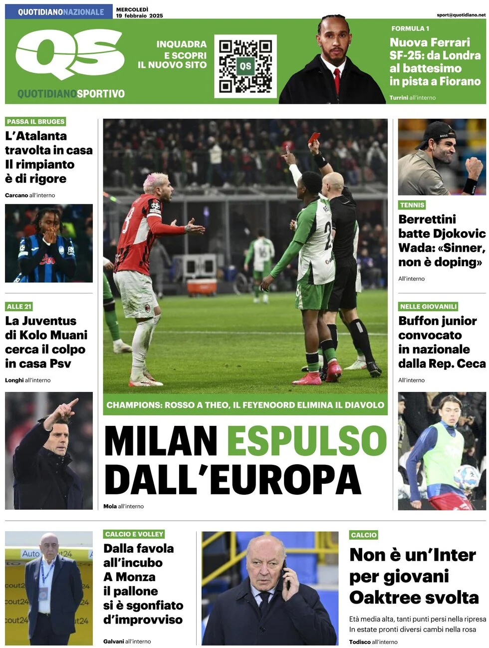 anteprima della prima pagina di qs-quotidiano-sportivo del 19/02/2025