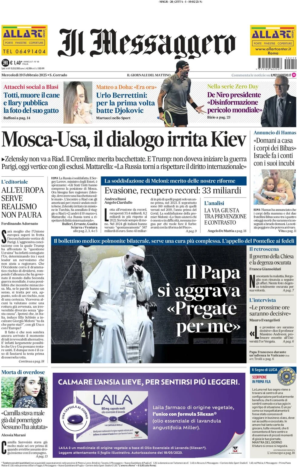 anteprima della prima pagina di il-messaggero del 19/02/2025