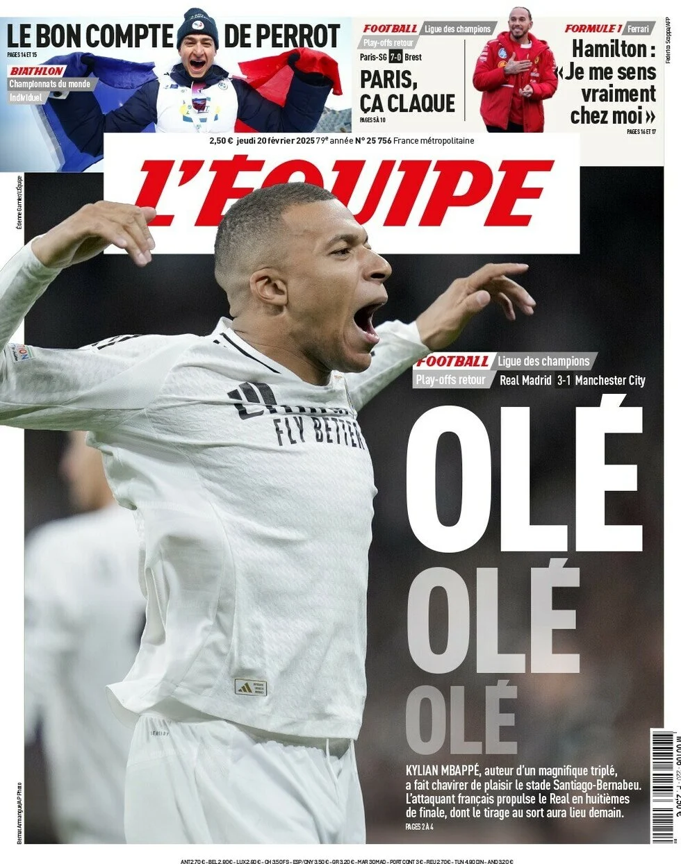anteprima della prima pagina di lequipe del 20/02/2025