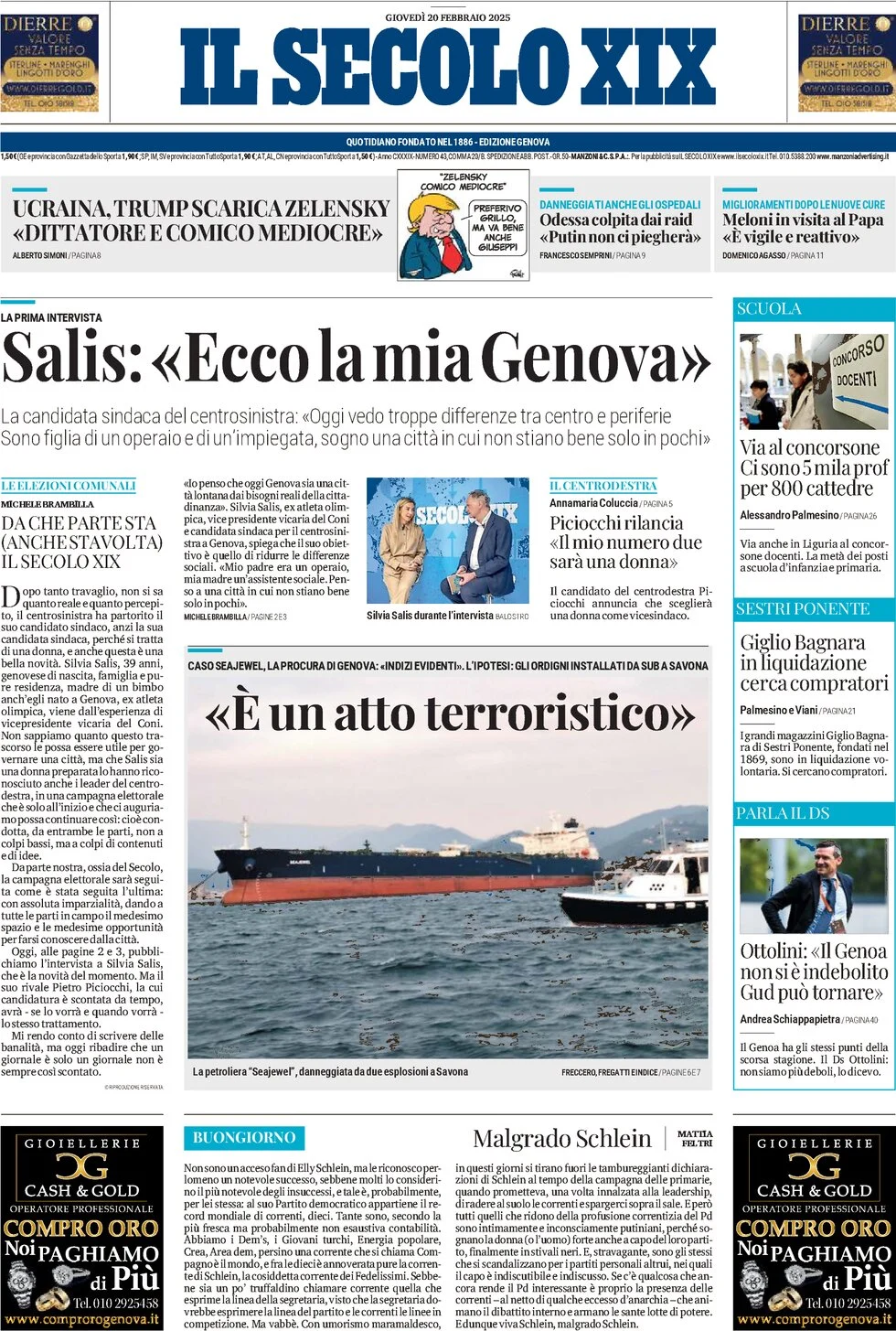 anteprima della prima pagina di il-secolo-xix del 20/02/2025
