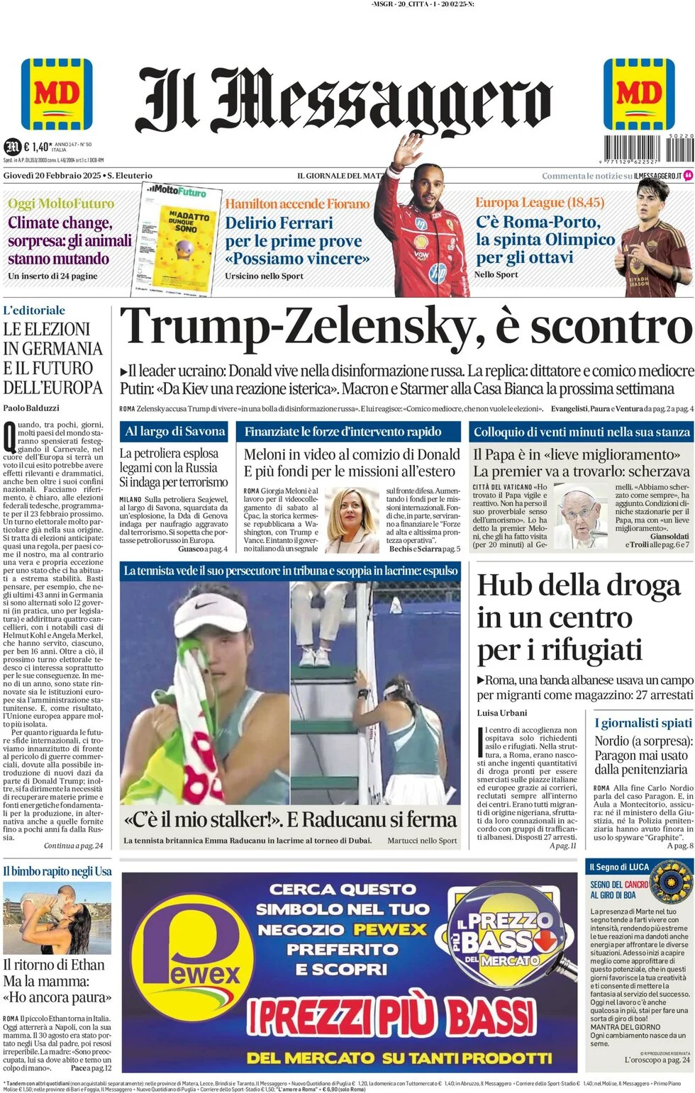 anteprima della prima pagina di il-messaggero del 20/02/2025