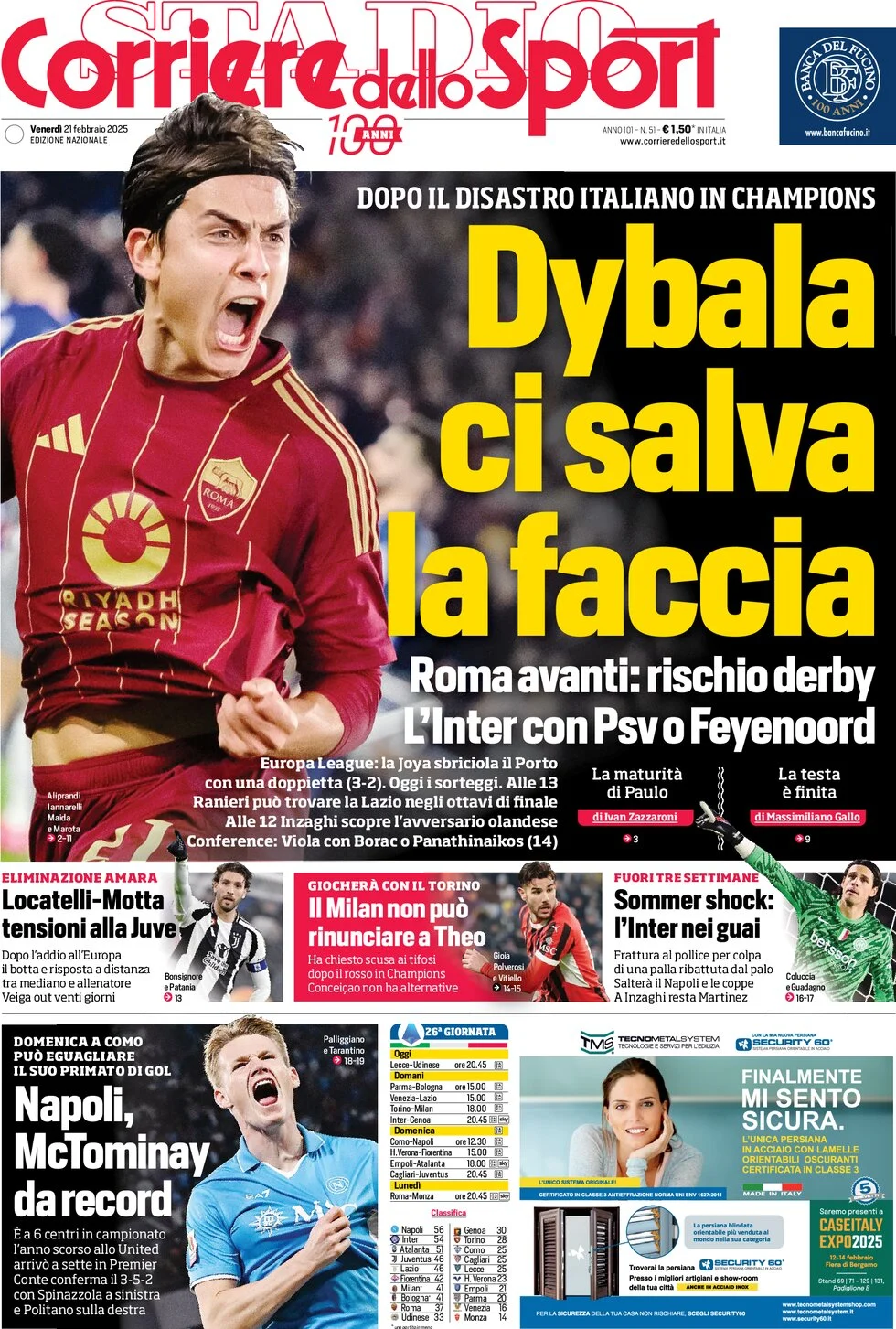 anteprima della prima pagina di corriere-dello-sport del 21/02/2025