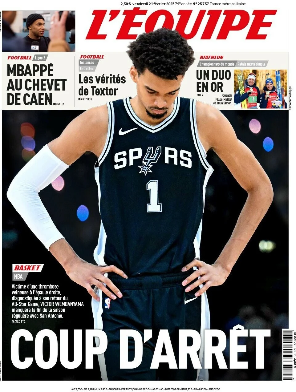 anteprima della prima pagina di lequipe del 21/02/2025