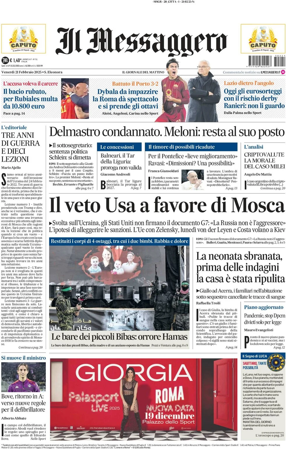 anteprima della prima pagina di il-messaggero del 21/02/2025