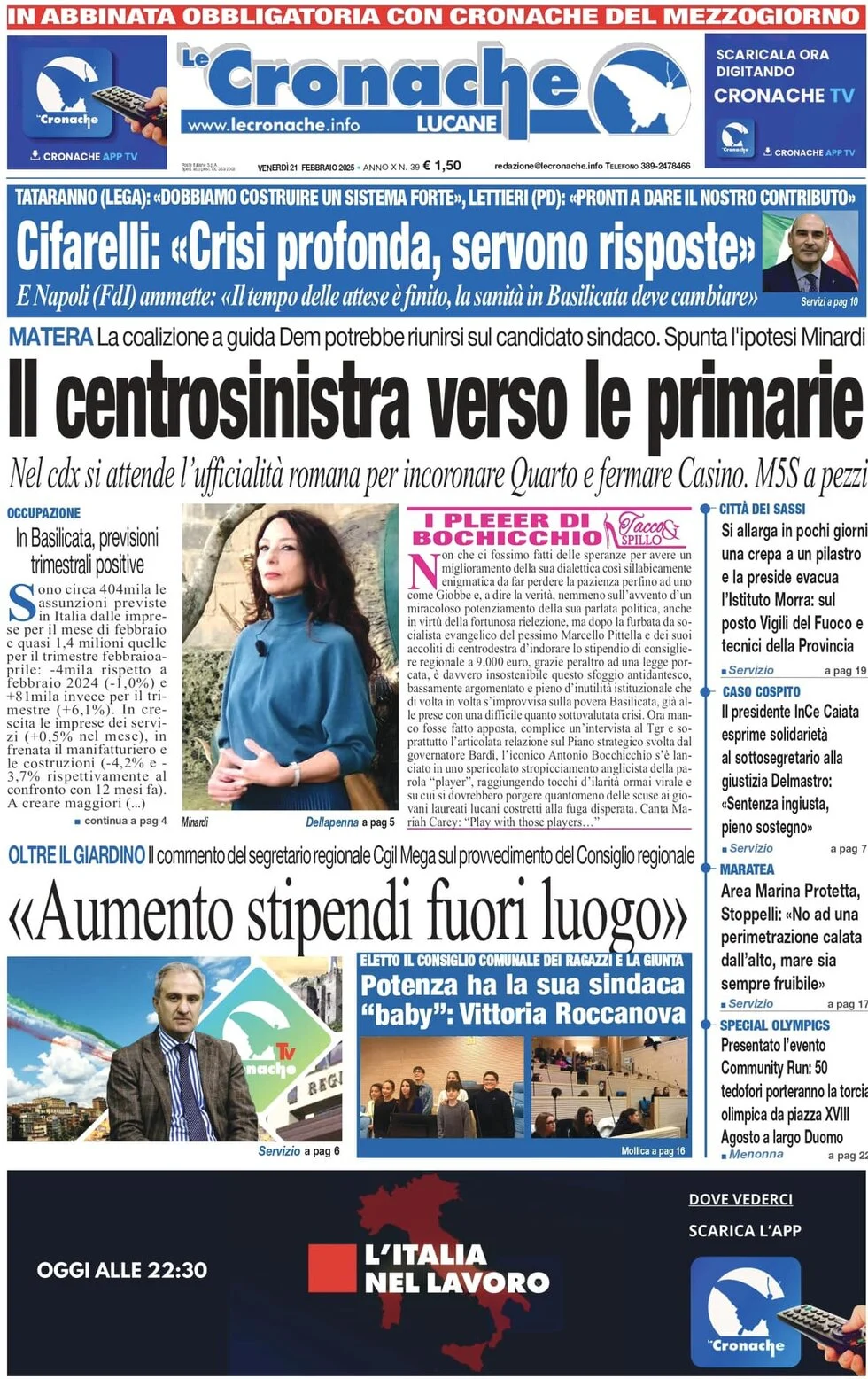anteprima della prima pagina di le-cronache-lucane del 21/02/2025