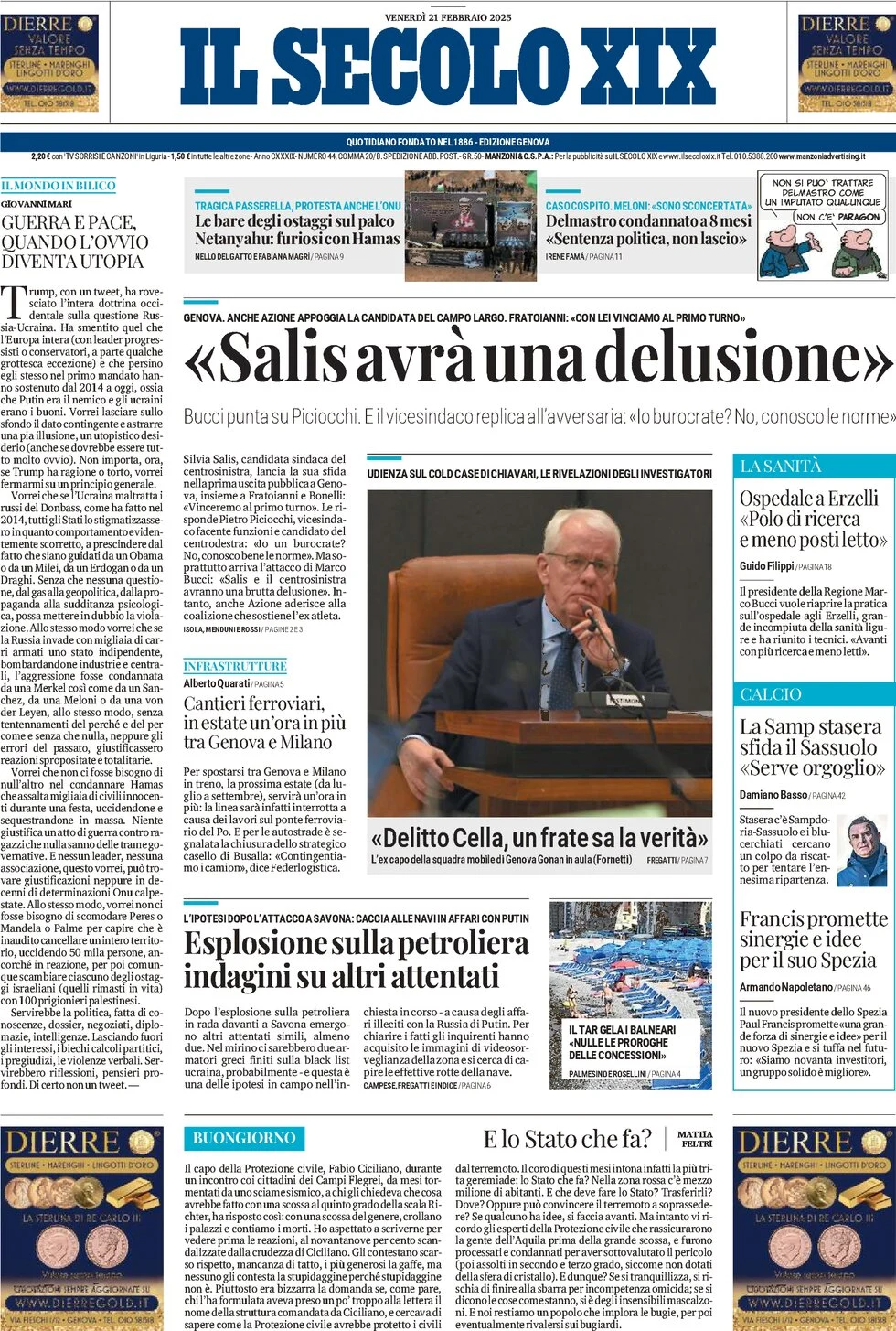 anteprima della prima pagina di il-secolo-xix del 21/02/2025