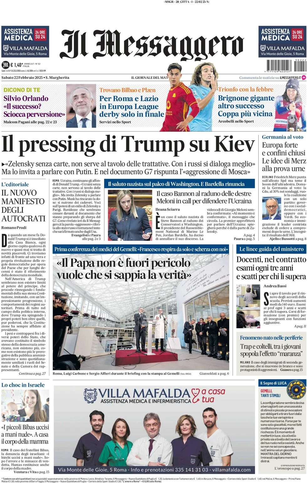 anteprima della prima pagina di il-messaggero del 22/02/2025