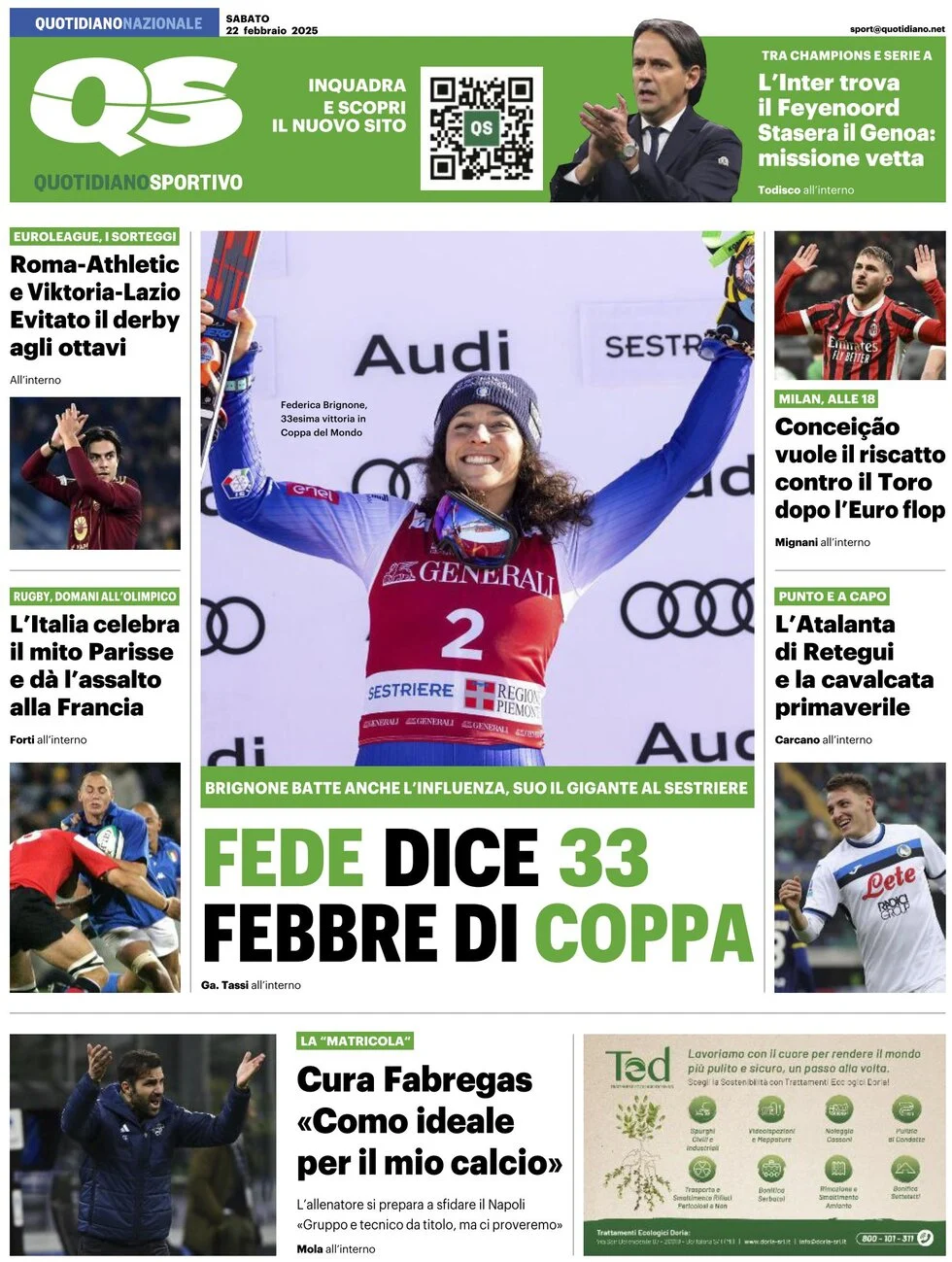 anteprima della prima pagina di qs-quotidiano-sportivo del 22/02/2025