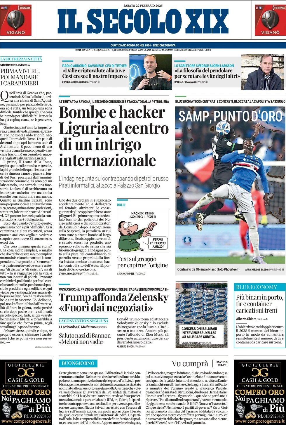 anteprima della prima pagina di il-secolo-xix del 22/02/2025