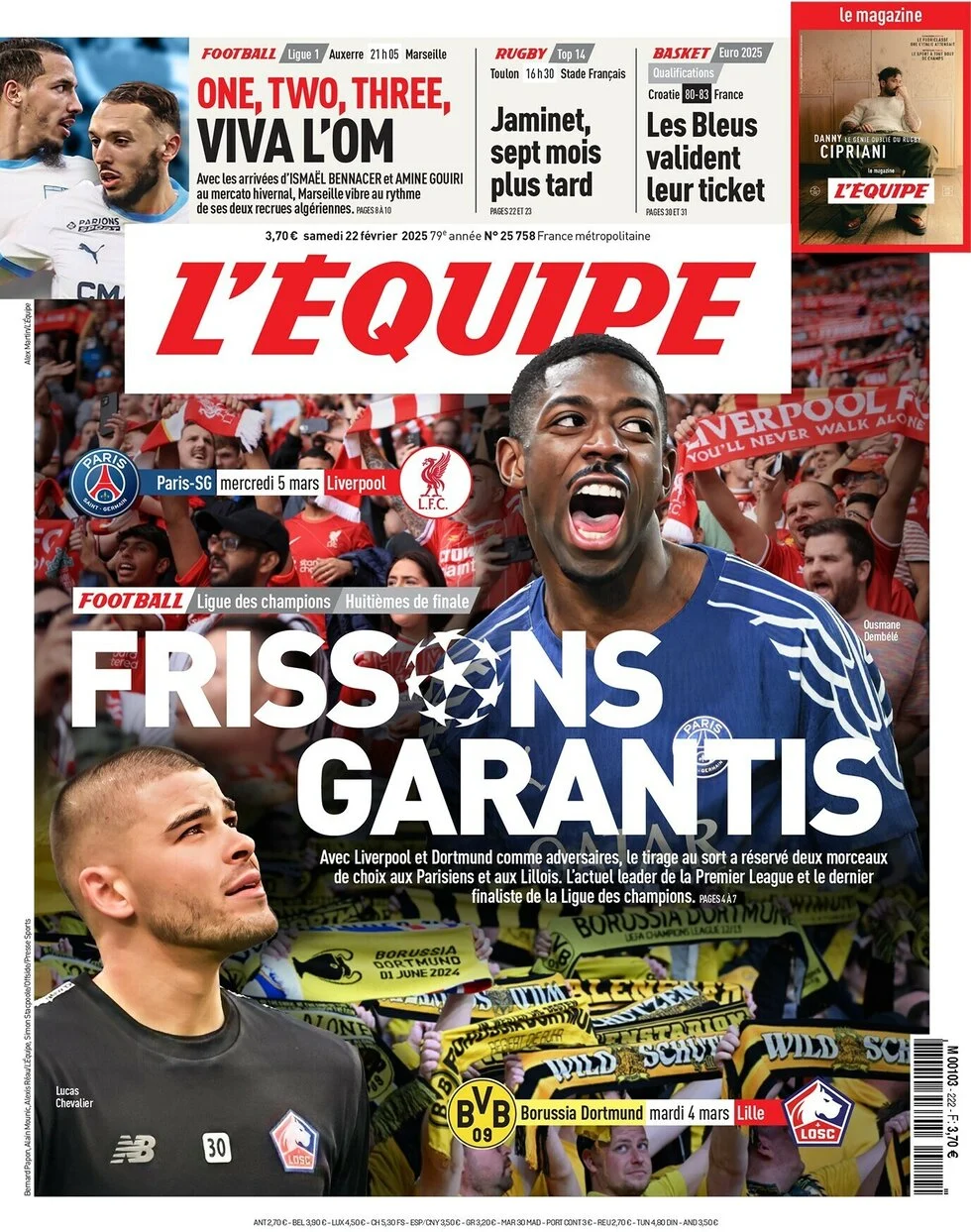 anteprima della prima pagina di lequipe del 22/02/2025