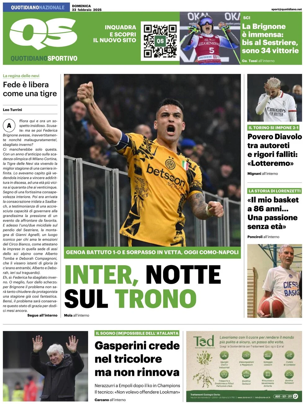 anteprima della prima pagina di qs-quotidiano-sportivo del 23/02/2025