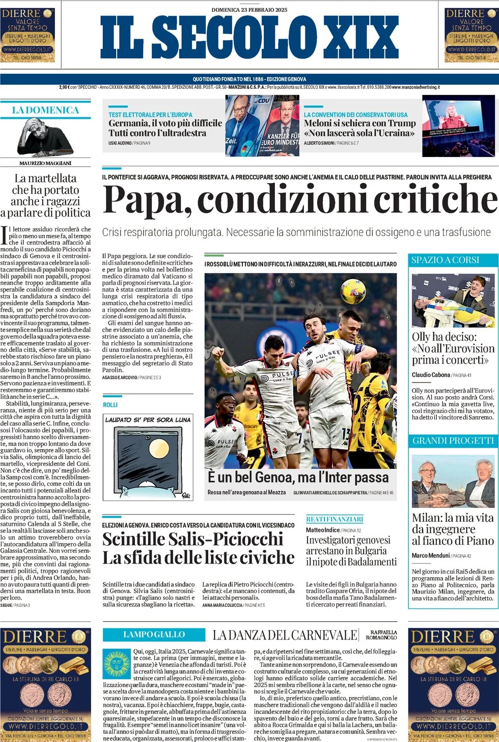 anteprima della prima pagina di il-secolo-xix del 23/02/2025