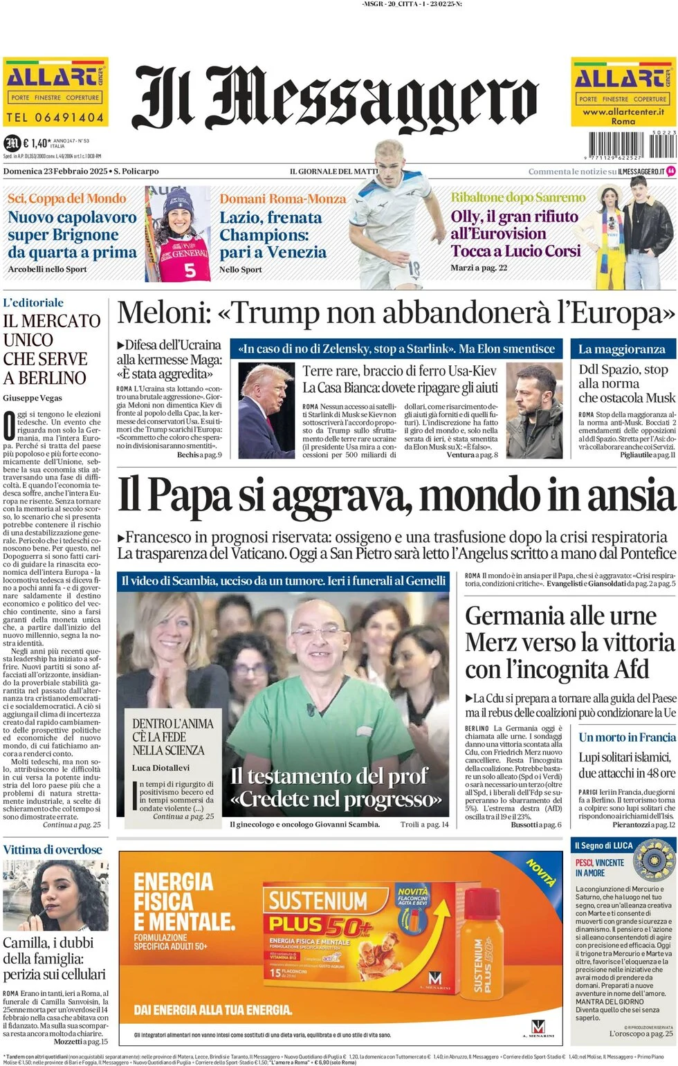 anteprima della prima pagina di il-messaggero del 23/02/2025