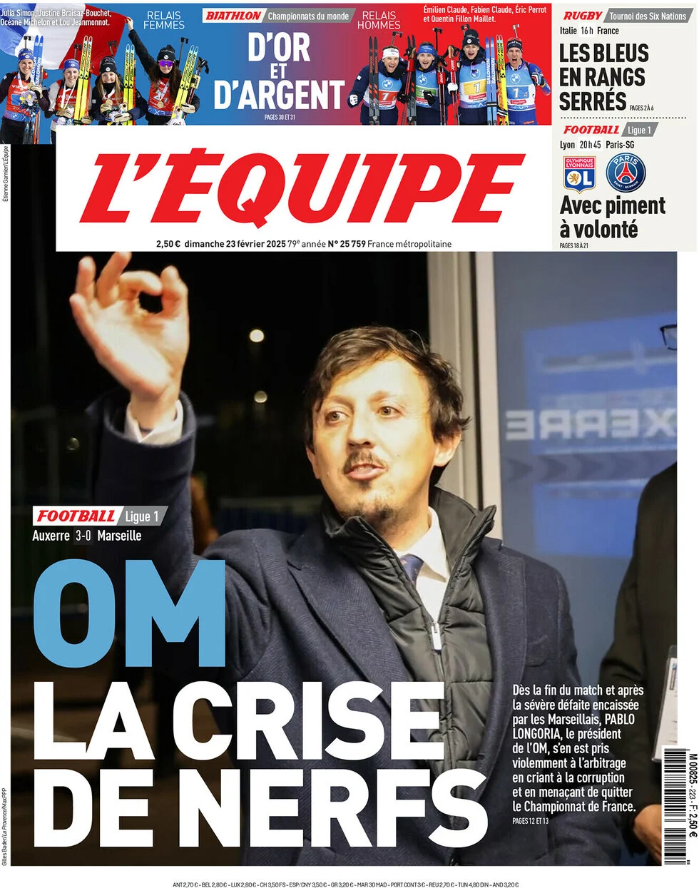 anteprima della prima pagina di lequipe del 23/02/2025