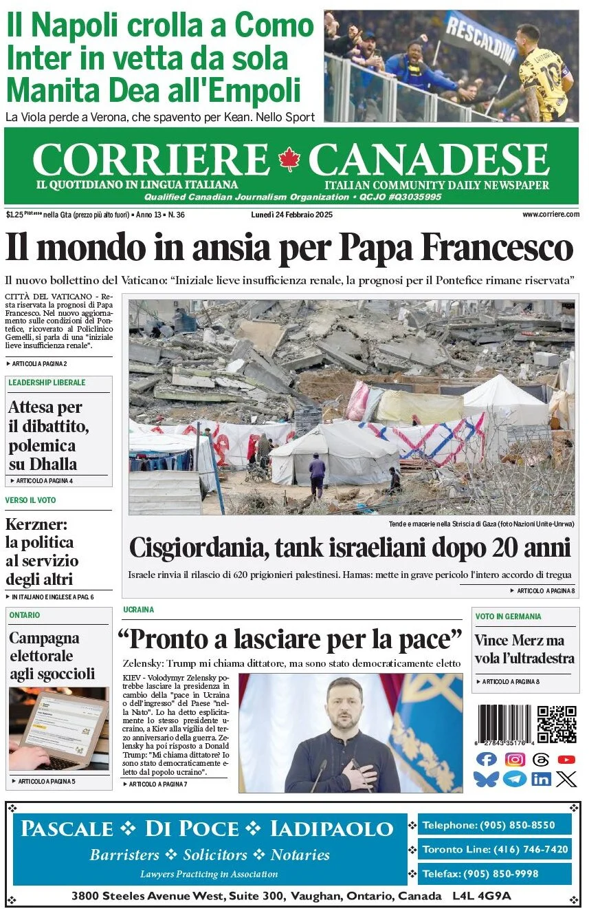 anteprima della prima pagina di corriere-canadese del 24/02/2025