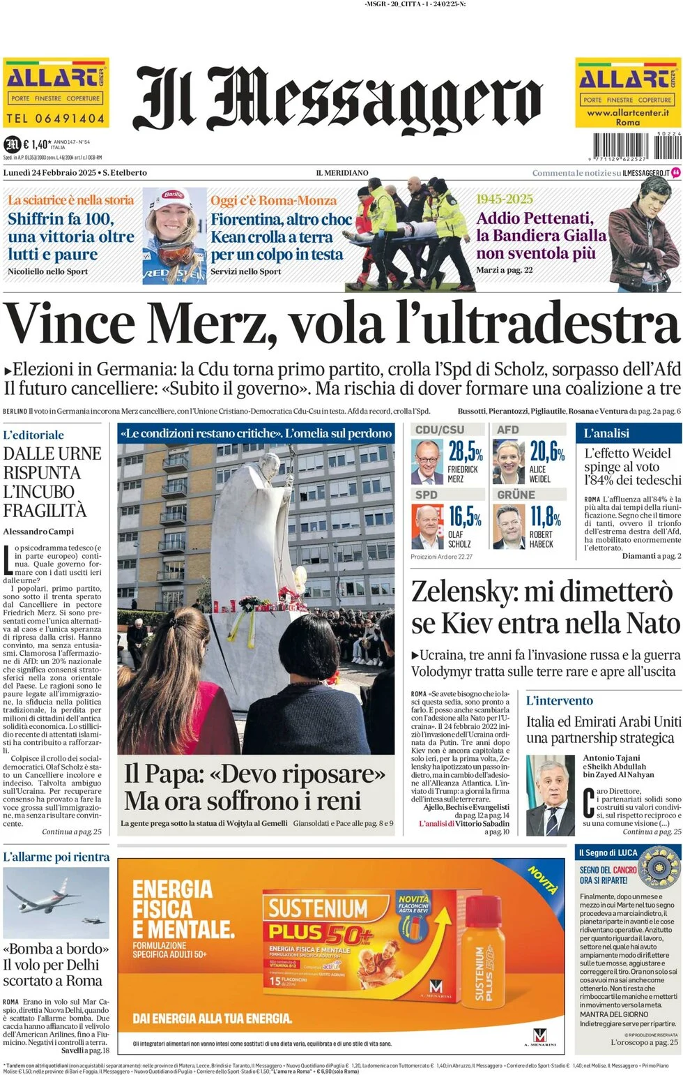 anteprima della prima pagina di il-messaggero del 24/02/2025