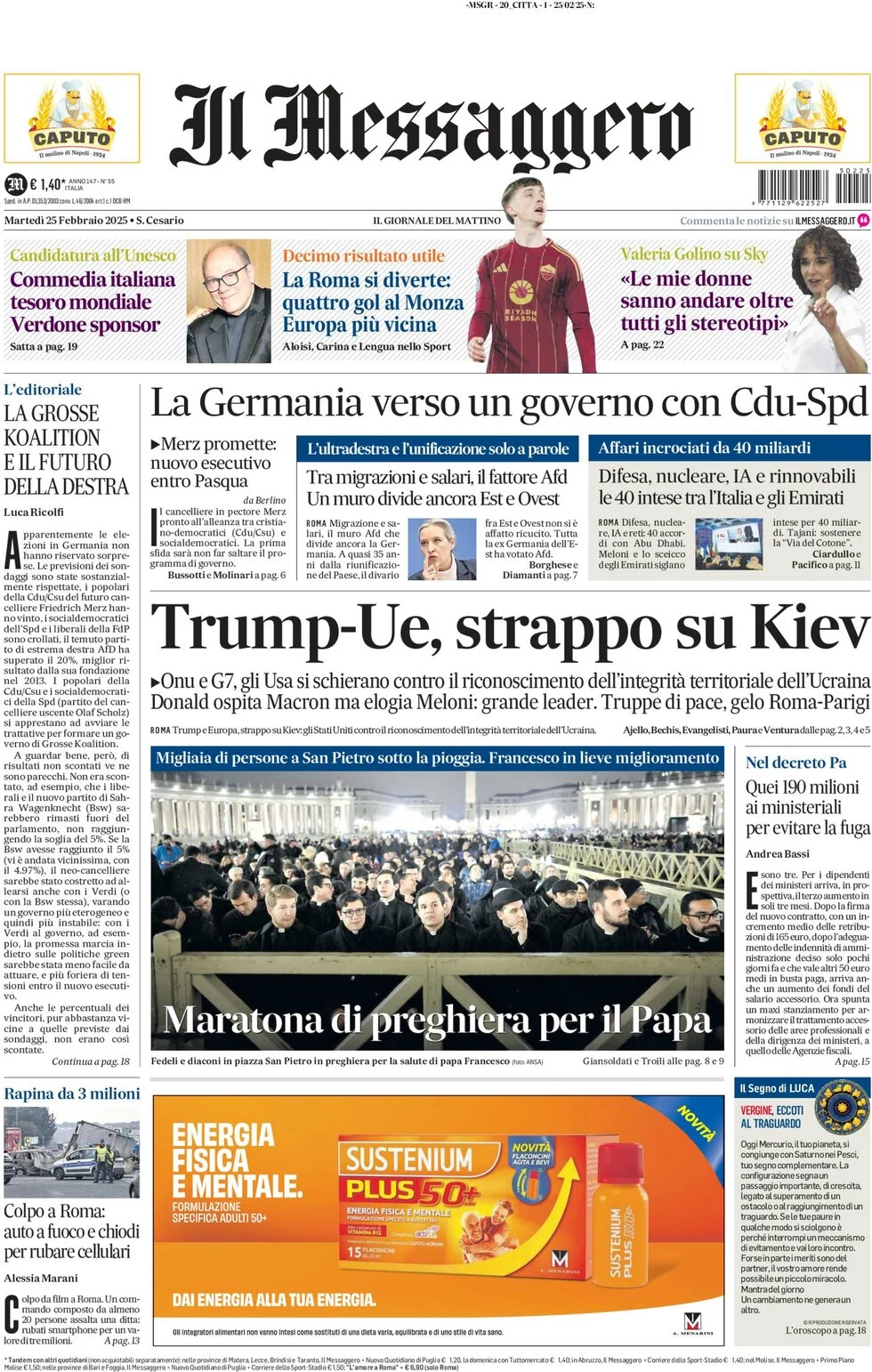 anteprima della prima pagina di il-messaggero del 25/02/2025