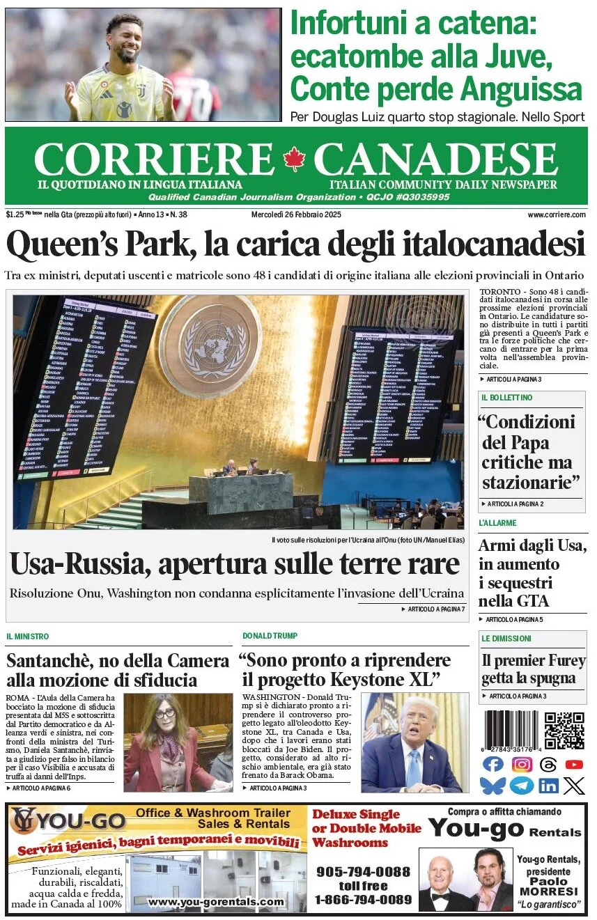 anteprima della prima pagina di corriere-canadese del 26/02/2025