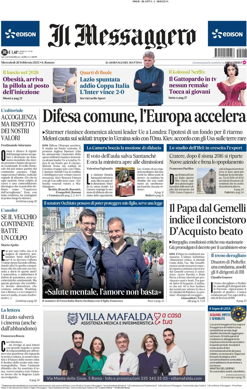 anteprima della prima pagina di il-messaggero del 26/02/2025