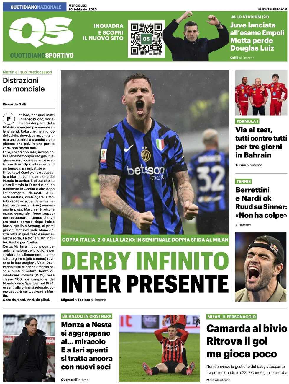 anteprima della prima pagina di qs-quotidiano-sportivo del 26/02/2025