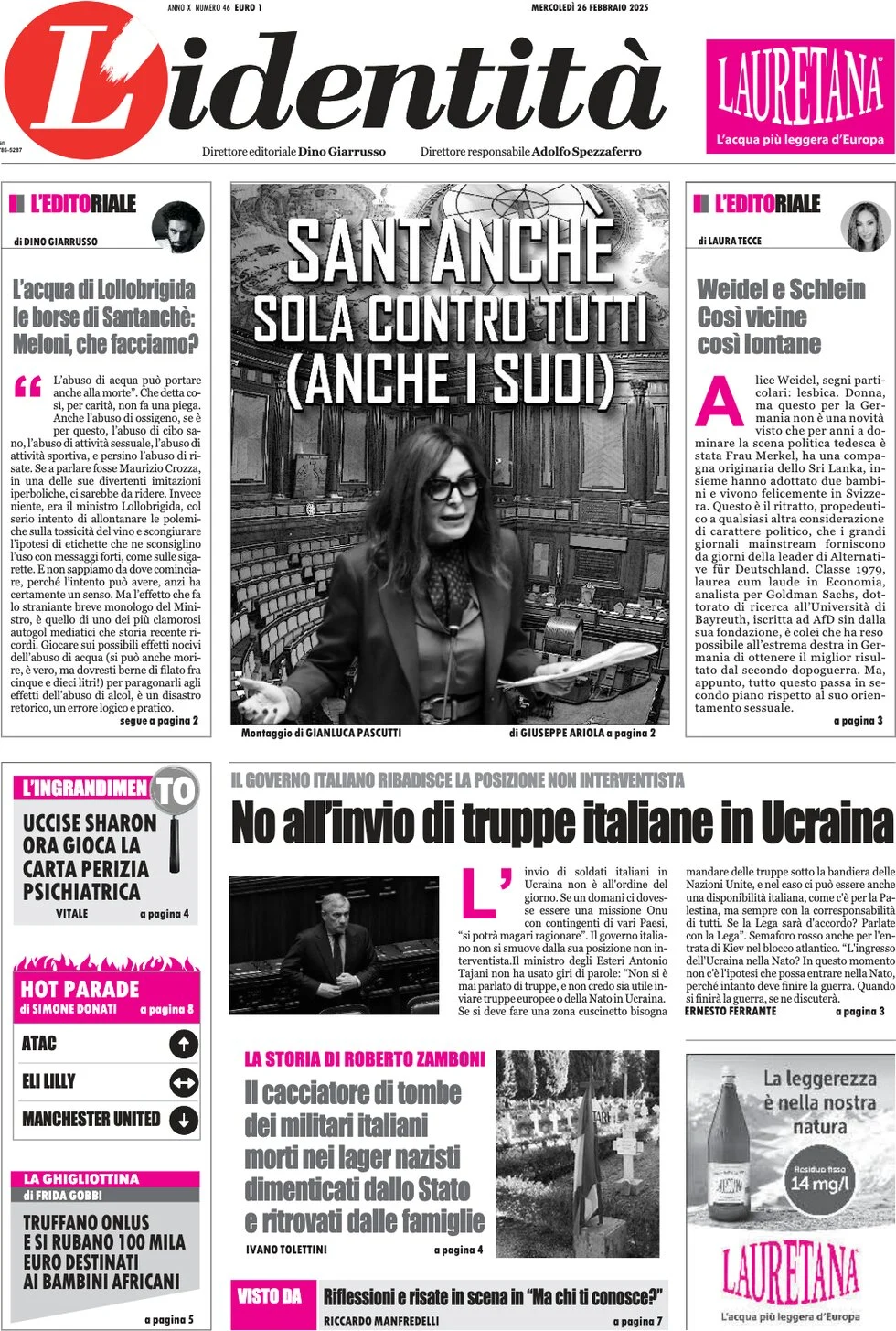 anteprima della prima pagina di lidentit del 26/02/2025