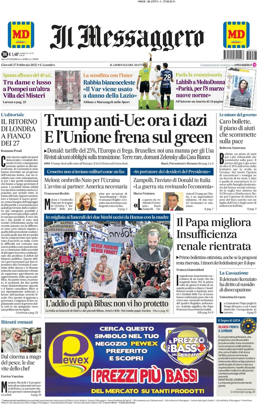 anteprima della prima pagina di il-messaggero del 27/02/2025
