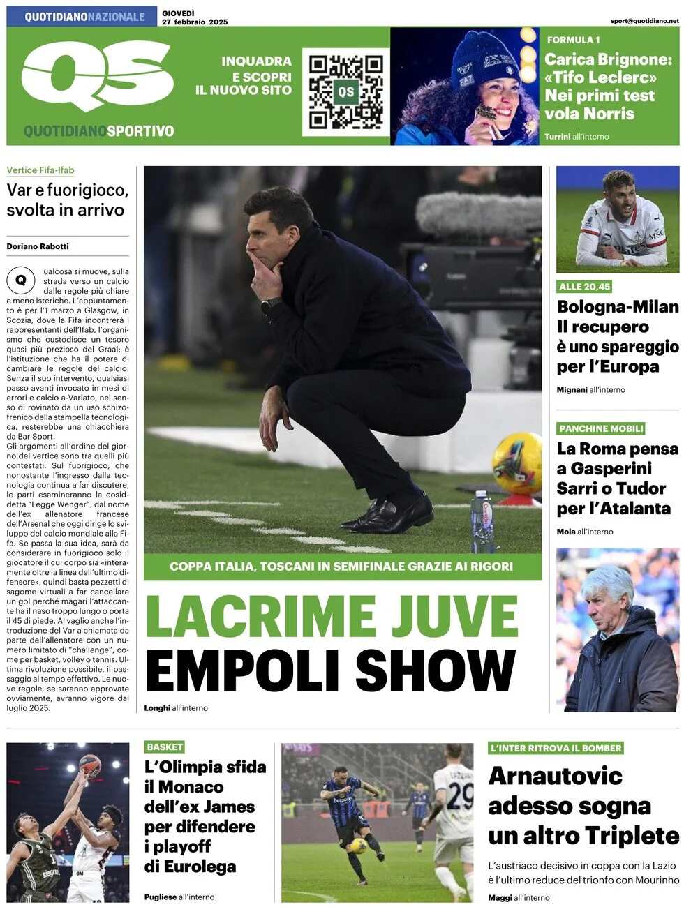 anteprima della prima pagina di qs-quotidiano-sportivo del 27/02/2025