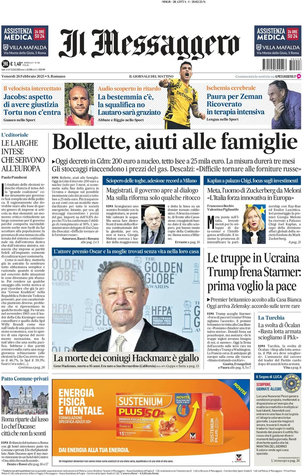 anteprima della prima pagina di il-messaggero del 28/02/2025