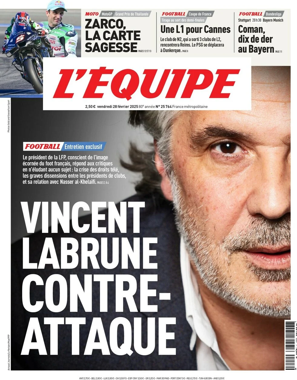 anteprima della prima pagina di lequipe del 28/02/2025